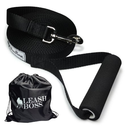 Leashboss Free Range - Long Dog Leash for Large Dogs   Drawstring Backpack - 1 Inch Nylon Training Lead with Padded Handle - Made in USA