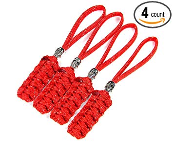 4 Reflective Red Paracord Zipper Pulls or Knife Lanyards With Skull Alloy Bead