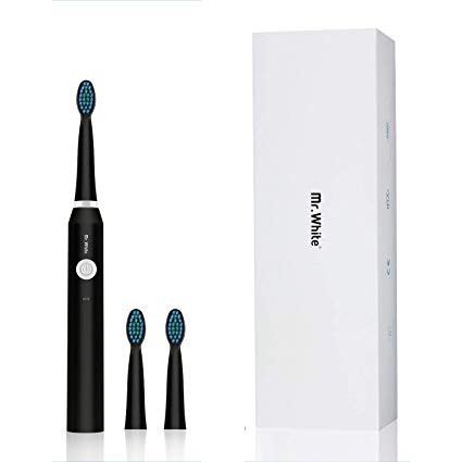 Mr.White Sonic Toothbrush Rechargeable Electric Toothbrush 3 Modes Waterproof 6 Replacement Heads with Smart Timer (Black)