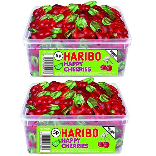 2 x Full Tubs Haribo Sweets Party Favours Treats Candy Box Wholesale (Happy Cherries)