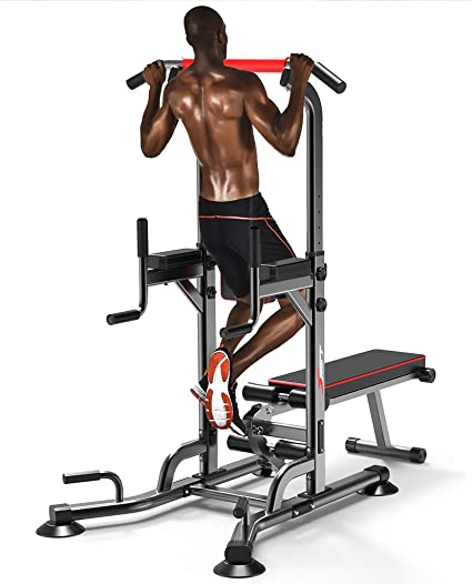 Rusilay Multifunction Power Tower Dip Station Pull Up Bar Dip Station with Dumbbell Bench,6 Level Height Adjustment,Home Gym Strength Training Fitness Equipment