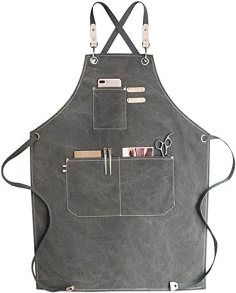 Chef Apron, Cotton Canvas Cross Back Adjustable Apron with Pockets for Women and Men, Kitchen Cooking Baking Bib Apron, Adjustable Strap and Large Pockets,Canvas, M-XXL- Dark Grey