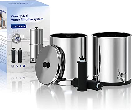 Purewell Gravity-Fed Water Filter System, Small Capacity 1.5 Gallon Stainless Steel Countertop Filtration System with 2 Black Purification Elements for Home and Outdoor Use