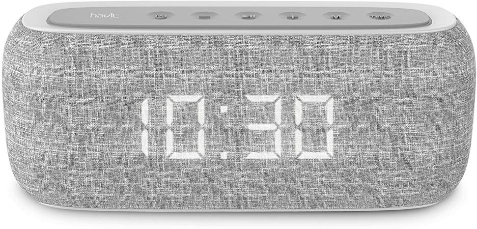 HAVIT 10W Bluetooth 4.2 Portable Fabric Speaker 20-Hour Play Time, HD Sound & Enhanced Bass with Digital Alarm Clock, Date/Time Digital Display and FM Radio, M29 (Grey)