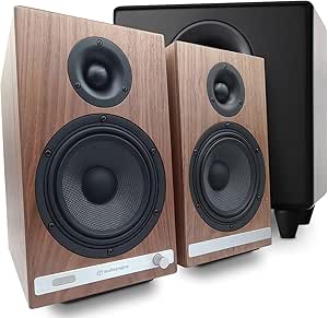 Audioengine HD6 Walnut Bluetooth Bookshelf Speakers with S8 Black Subwoofer and Stands with Remote