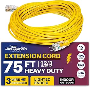 75ft Power Outdoor Extension Cord & Indoor - Waterproof Electric Drop Cord Cable - 3 Prong SJTW, 12 Gauge, 15 AMP, 125 Volts, 1875 Watts, 12/3 by LifeSupplyUSA - Yellow (1 Pack)