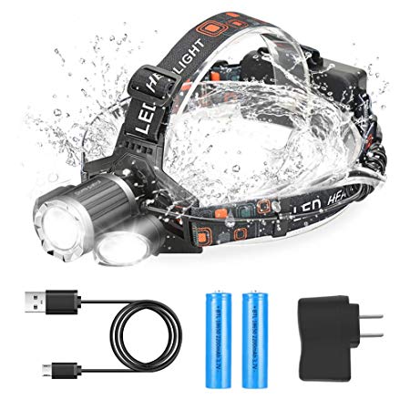 LED Headlamp Flashlight Rechargeable, Super Bright Cree Rotatable Waterproof LED Work Light With 4 Modes Light Zoomable Headlight for Hardhat, Camping, Running, Hiking, Indoor or Outdoor - Silver