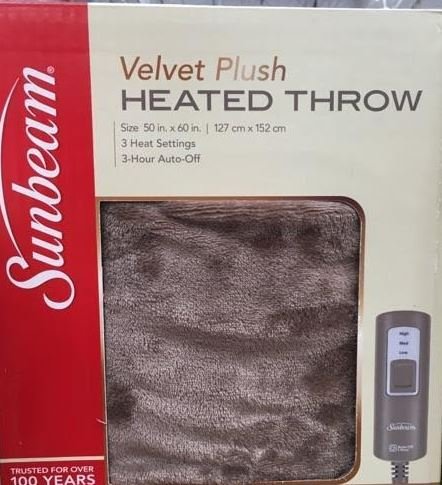 Sunbeam Velvet Plush Heated Throw Blanket 60" x 50" (Various Colors) (Brown Solid)