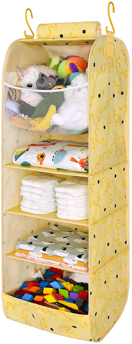 StorageWorks 5-Shelf Jumbo Hanging Closet Organizer, Nursery Hanging Organizer for Children’s Room and Bedroom, Hanging Toy Organizer, Cotton Canvas, Butter Yellow, 13”W x 13”D x 41”H