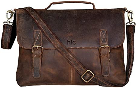 18 Inch Retro Buffalo Hunter Leather Laptop Messenger Bag Office Briefcase College Bag for Men and Women