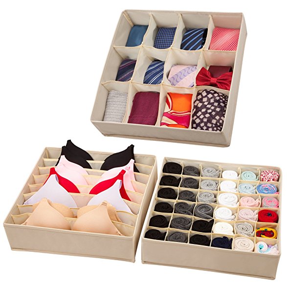 Univivi Closet Drawer Organizer Underwear Foldable Storage Box Oxford Fabric Large Size Set of 2, Beige (Set of 3)