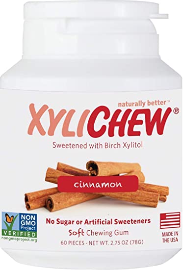 Xylichew 100% Xylitol Chewing Gum Jar - Non GMO, Gluten, Aspartame, and Sugar Free Gum - Natural Oral Care, Relieves Bad Breath and Dry Mouth - Cinnamon, 60 Count (Pack of 1)