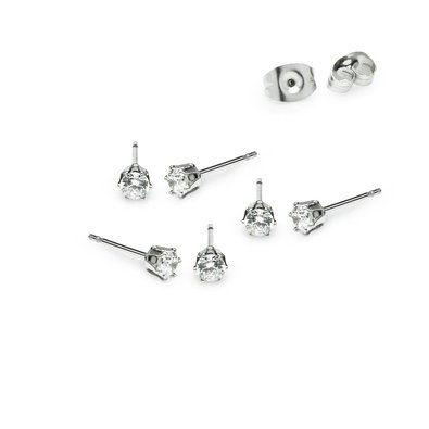 Stainless Steel Cz Stud Earrings Silverline Jewelry- Set of 3 Pairs in 3mm