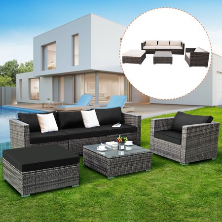 Costway 6-piece Patio Rattan Wicker Furniture Set Sectional Sofa Couch with2 Set Cushion Cover