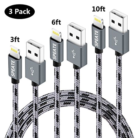 SPEATE Lightning Cable 3PCS 3FT 6FT 10FT iPhone Charger Cable Extra Long Nylon Braided High Speed Charging USB Cable Cord For Apple iPhone X 8 Plus, 7 7 Plus 6 6s,iPhone 5s 5c SE,iPad,iPod(Black Gray)