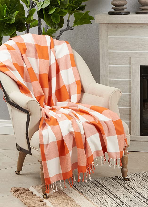 Fennco Styles Autumn Buffalo Plaid Tassel Cotton Throw Blanket 50" W x 60" L – Orange Blanket for Couch, Bedroom and Living Room Décor