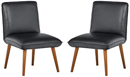 Rivet Wide Cushion Mid-Century Top-Grain Leather 2-Pack Accent Dining Chairs, 26.8" W, Black