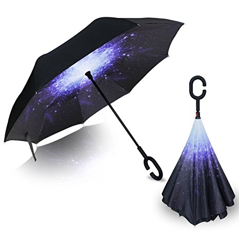 Hippih Double Layer Inverted Umbrellas Reverse Folding Umbrella Windproof UV Protection Big Straight Umbrella for Car Rain Outdoor Use with C-Shaped Handle