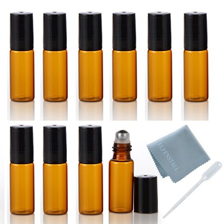 ELFENSTALL 10pcs 5ml(1/6oz) Roll on Glass Bottle for Essential Oil - Empty Aromatherapy Perfume Bottles - Refillable Slim with Metal Ball and Black Lid Amber   FREE Dropper