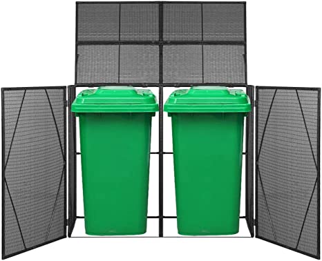 Tidyard Double Wheelie Bin Shed Black Poly Rattan Trash Powder-Coated Steel Frame Water Resistant Trash Container Management Unit with Enclosure and Lid 60.2 x 30.7 x 47.2 Inches (W x D x H)