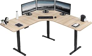 VIVO Electric Height Adjustable 71 x 71 inch Curved Corner Stand Up Desk, Light Wood Table Top, Black Frame, Memory Controller, L-Shaped Workstation, E3C Series, DESK-KIT-E3CBC