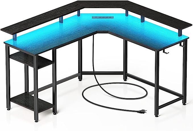 Rolanstar L Shaped Gaming Desk with LED Lights & Power Outlets, 55.1" Computer Desk with Full Monitor Stand & Storage Shelf, Corner Desk with Hooks, Black Desk Reversible