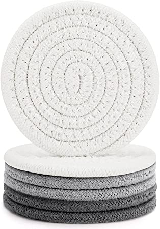 Coasters for Drinks,6Pcs Handmade Braided Woven Drink Coasters for Coffee Table,Super Absorbent Heat-Resistant Coasters for Table Protection,Great Housewarming Gift (4.3 Inch, 8mm Thick)