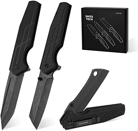 Swiss Tech 3-Piece 4-3/4" Folding Pocket Knife, Stonewash Blade Tactical Knife with G10 Handle, Perfect for Outdoor, Survival, Hunting and Camping