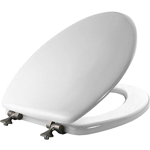 Mayfair Molded Wood Toilet Seat with STA-TITE Seat Fastening System and Brushed Nickel Hinges, Elongated, White, 144BNA 000