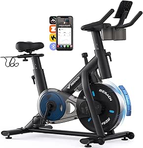 MERACH Exercise Bike, Brake Pad/Magnetic Stationary Bike with Exclusive App, Low Noise Indoor Cycling Bike with 270lbs Weight Capacity, Dumbbell Rack and Fitness Courses for Weight Loss