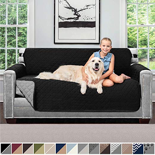 Sofa Shield Original Patent Pending Reversible Small Sofa Protector for Seat Width up to 62 Inch, Furniture Slipcover, 2 Inch Strap, Couch Slip Cover Throw for Pets, Kids, Cats, Sofa, Black Gray