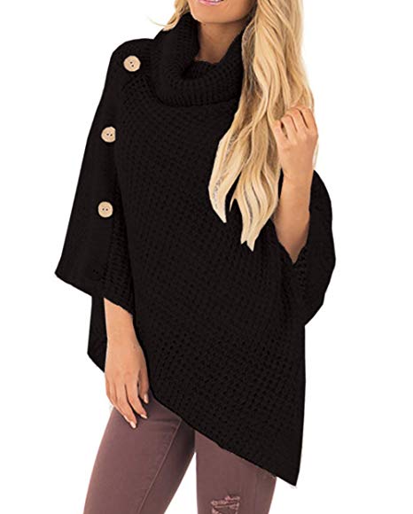 NuoReel Womens Casual Knit Turtle Neck Poncho Lightweight Pullovers Sweater One Size Shawl Wrap