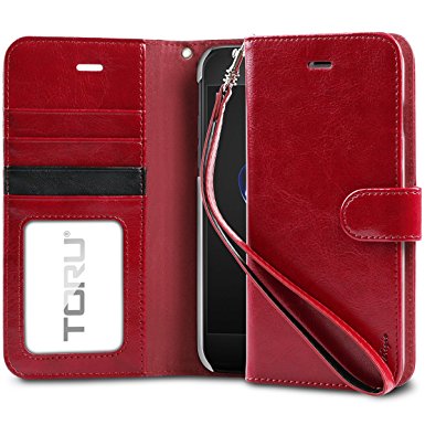 iPhone 7 Plus Case, TORU [Prestizio][Red] Wallet Case - Synthetic Leather Wristlet Flip Cover with [Card Slot][ID Holder][Kickstand][Wrist Strap] for Apple iPhone 7 Plus - Burgundy