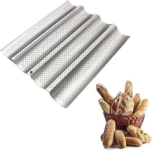 Non-stick French Bread Pan for 4 Baguettes, Heavy-duty Carbon Steel FDA Approved U-Shape Oven Roasting Baking Mould Silver