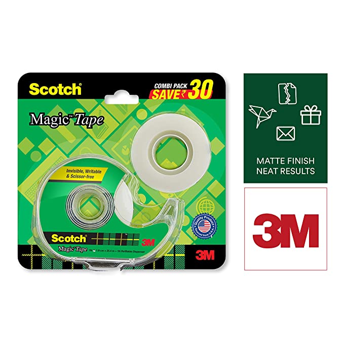 Scotch Magic Tape - The Original Matte-Finish Invisible Tape by 3M, Super Saver Pack - 2 Rolls (Width 1.9cm Length 25.4m)   1 Dispenser