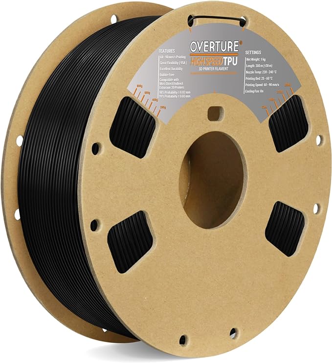 OVERTURE High Speed TPU Filament 1.75 mm, Flexible TPU Roll Consumption, 95A 1 kg Spool (2.2 lbs), Dimensional Accuracy  /-0.03 mm, for 3D Printers (Black)