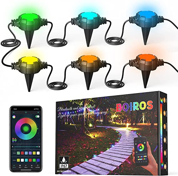 Outdoor Ground Lights, BOIROS 43ft RGB Garden Lights,16 Pack IP67 Waterproof Landscape Lawn Lights, App Control and Remote Control Walkway Lights with 213 Scene Modes, Decor for Patio Yard Pathway