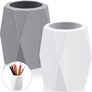 2 Pieces Silicone Pencil Holder Silicone Pen Cups Geometric Pencil Holder Makeup Brush Holder Creative Design for Office Home (White, Gray)