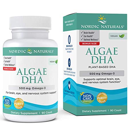 Nordic Naturals Algae DHA - Vegetarian DHA Supplement, Suitable for Vegans, Supports Brain, Eye and Nervous System Function, 90 Count