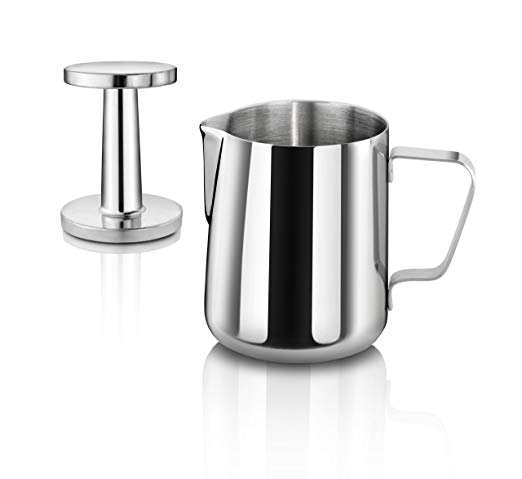 New Star Foodservice 28829 Commercial Grade Stainless Steel 18/8 12-Ounce Frothing Pitcher and Die Cast Aluminum Tamper Combo Set, Silver