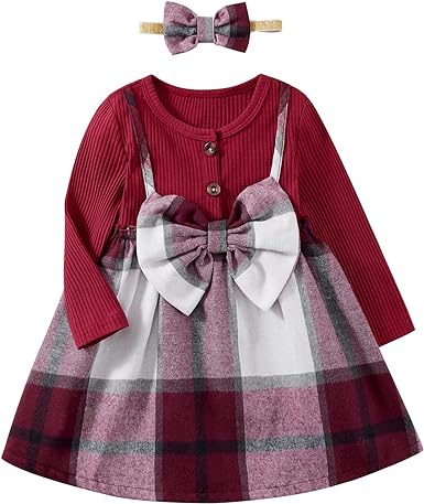 Toddler Girl Outfit Clothes Baby Girls Fall Winter Dress Plaid Flannel Dress Bowknot Party Dress for Girls with Headband