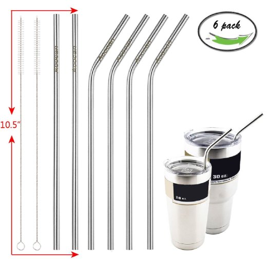 Aoocan 10.5 inch Extra Long Stainless Steel Straws fits 30 oz & 20 oz Yeti Tumbler Rambler Cups , Reusable Drinking Straw For Yeti, RTIC, SIC or other brand Tumblers,Set of 6