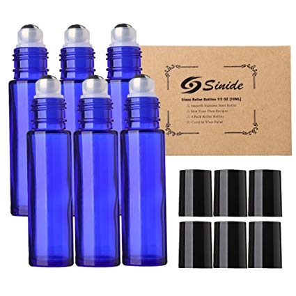 Sinide 6 Pack Blue Glass Roll on Bottles, 10ml Essential Oil Roller Bottle with Stainless Steel Metal Balls Useful for Aromatherapy Perfumes and Lip Balms (Blue 6)