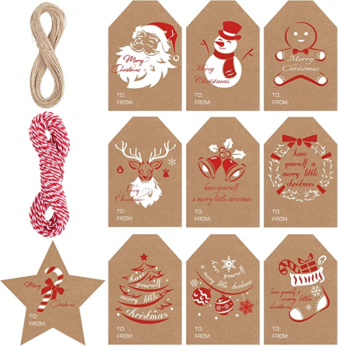 100 Pack Christmas Kraft Gift Tags Xmas Name Tags Brown Christmas Tags with Pre Holes Christmas Labels Kraft Paper Tags with 20 Meters Jute Twine Ropes for DIY Art Crafts Holiday Present Wrap Package