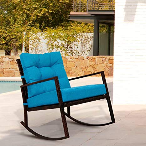Kinbor Rattan Rocker Chair Outdoor Garden Rocking Chair Wicker Lounge w/Cushion (Blue)