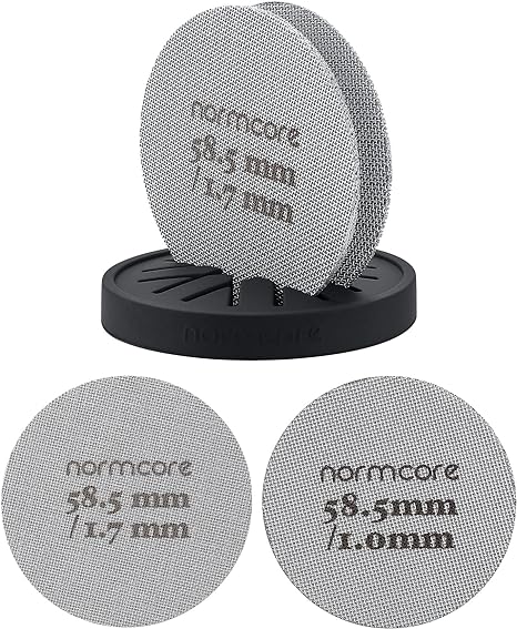 Normcore 2 Packs 58.5mm Puck Screen with Stand - Reusable Contact Shower Screen with Silicone Holder - 1.7mm / 1.0mm Thickness 150μm Mesh - Compatible with Espresso Machine 58mm Portafilter Basket