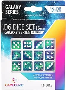 Gamegenic Galaxy Series Neptune D6 Dice Set | Six-Sided Dice | Premium Quality Resin Dice for Dice Games, Board Games and Card Games | Cosmic Glittering Design | Made, 16mm, Set of 12