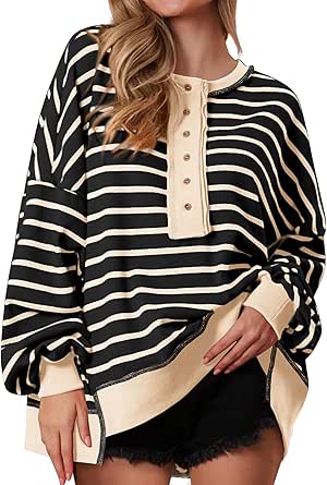 PRETTYGARDEN Womens Fall 2024 Striped Oversized Sweatshirt Long Sleeve Button Up Henley Neck Waffle Knit Pullover Tunic Tops