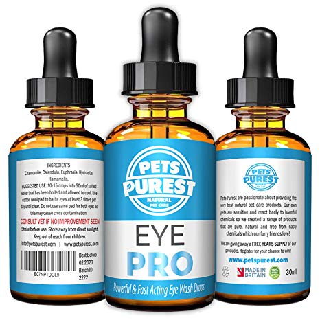 Pets Purest 100% Natural Eye Wash Drops For Dogs, Cats & Pets - Powerful & Fast Acting Eye Wash Drops For Itchy Irritated Watery Eyes - 1-2 Years Supply