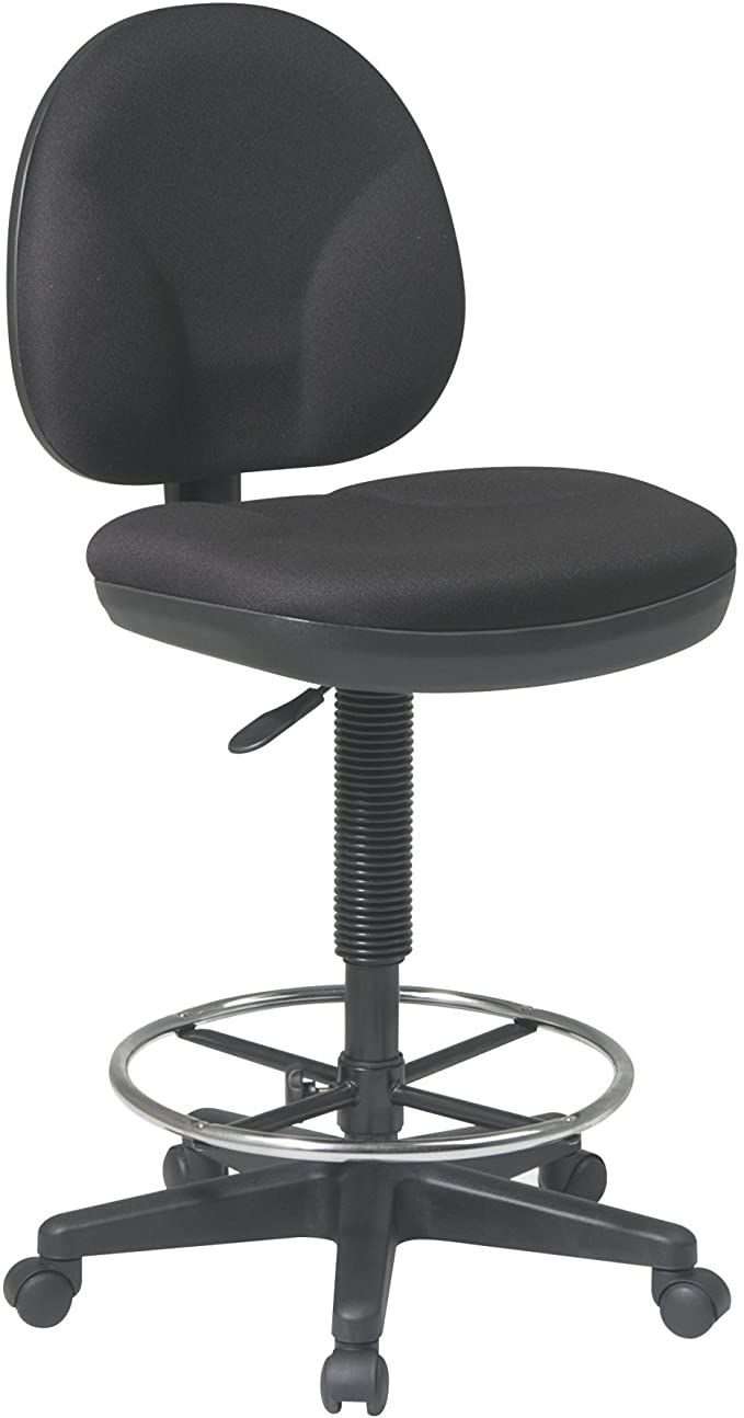 Office Star Sculptured Fabric Seat and Back Pneumatic Drafting Chair with Lumbar Support and Adjustable Chromed Footring, Black